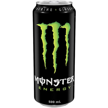 A can of Monster Energy Drink showcasing its vibrant design, packed with caffeine and B vitamins for an energy boost.