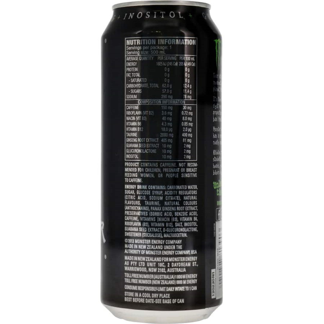 A can of Monster Energy Drink featuring a vibrant design, packed with caffeine and B vitamins for a powerful energy boost.