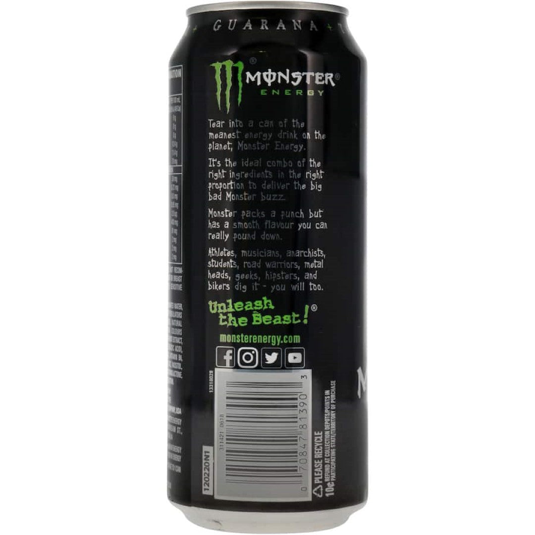 A can of Monster Energy Drink showcasing its vibrant design and promising an energy boost for adventurous individuals.