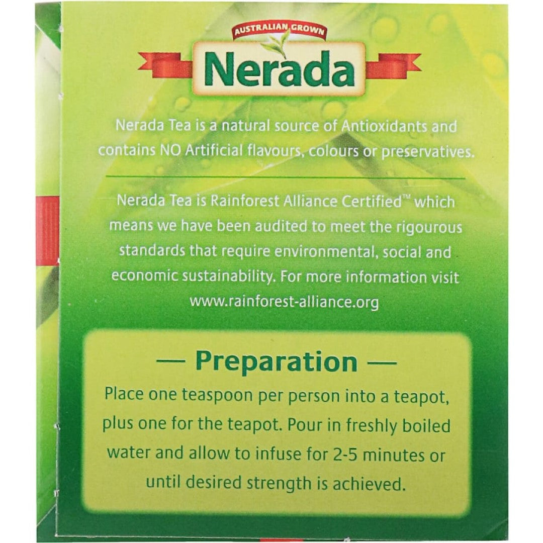 Nerada Loose Leaf Tea Black, premium Australian black tea from Atherton Tablelands, rich flavor, and Rainforest Alliance Certified.