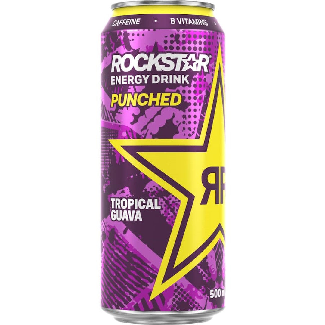 Rockstar Energy Drink Tropical Guava can featuring vibrant tropical flavors, zero sugar, and energizing B-vitamins for active lifestyles.