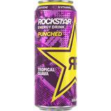 Rockstar Energy Drink Tropical Guava can featuring vibrant tropical flavors, zero sugar, and energizing B-vitamins for active lifestyles.