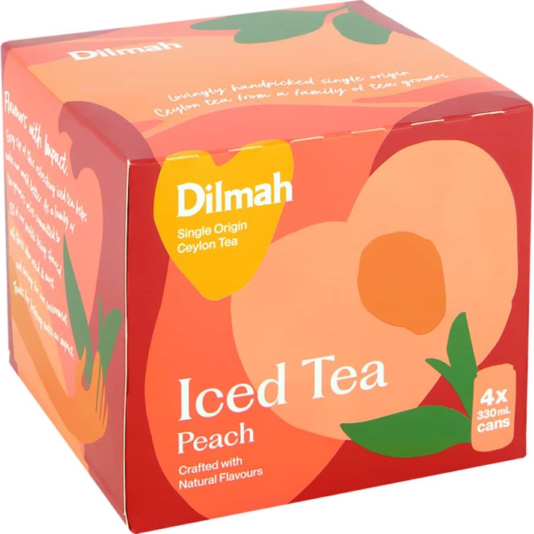 Refreshing Dilmah Iced Tea Peach blends premium Ceylon tea with ripe peach essence for a delightful summer beverage.