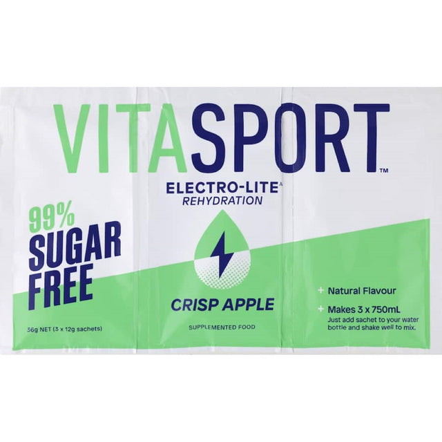 Vitasport Electrolyte drink in Crisp Apple flavor, 99% sugar-free, energizing hydration for fitness enthusiasts.