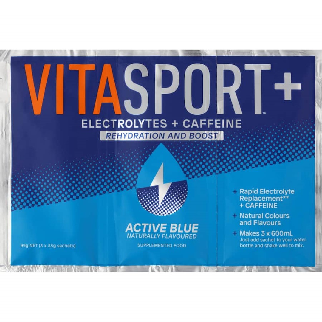 Vitasport Plus Electrolyte Active Blue, a refreshing blue raspberry drink for optimal hydration and performance during workouts.