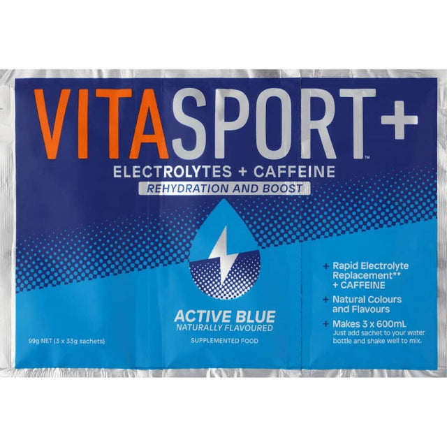 Vitasport Plus Electrolyte Active Blue, a refreshing blue raspberry drink for optimal hydration and performance during workouts.