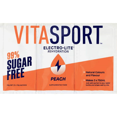 Vitasport Electrolyte 99% Sugar Free Peach drink mix for hydration, featuring a refreshing peach flavor and essential electrolytes.