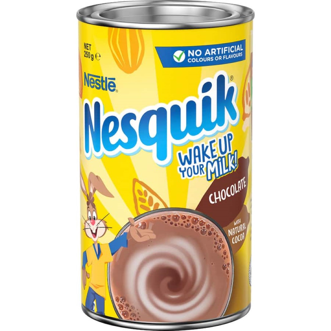 A container of Nestle Nesquik Chocolate powder for transforming milk into a creamy, delicious treat without artificial additives.