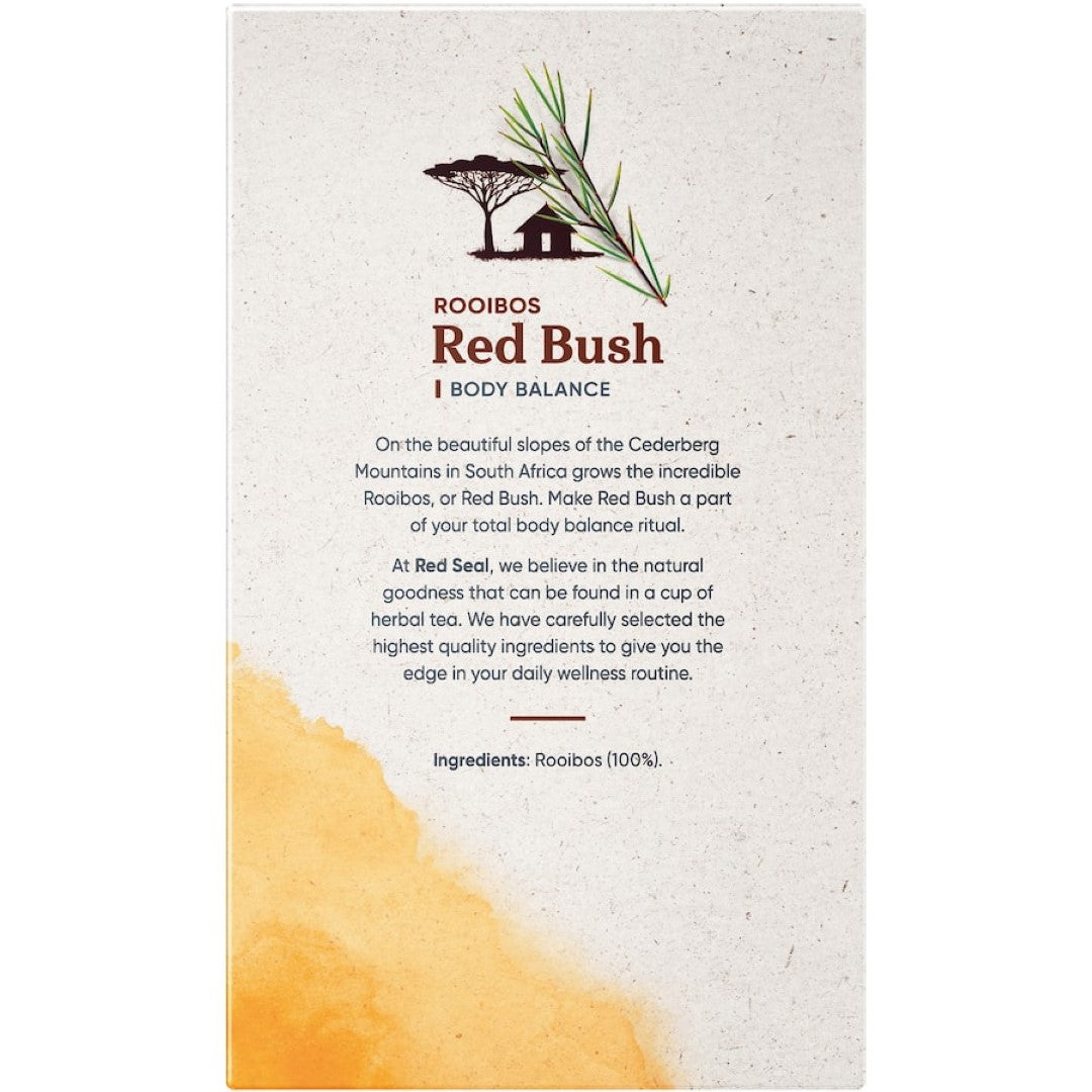 Red Seal Herbal Tea Red Bush: caffeine-free rooibos tea from South Africa, rich in antioxidants and earthy flavor.