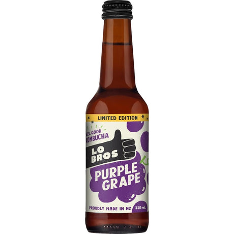 A bottle of Lo Bros Kombucha Purple Grape, showcasing its organic, probiotic drink with a vibrant grape flavor and fizz.