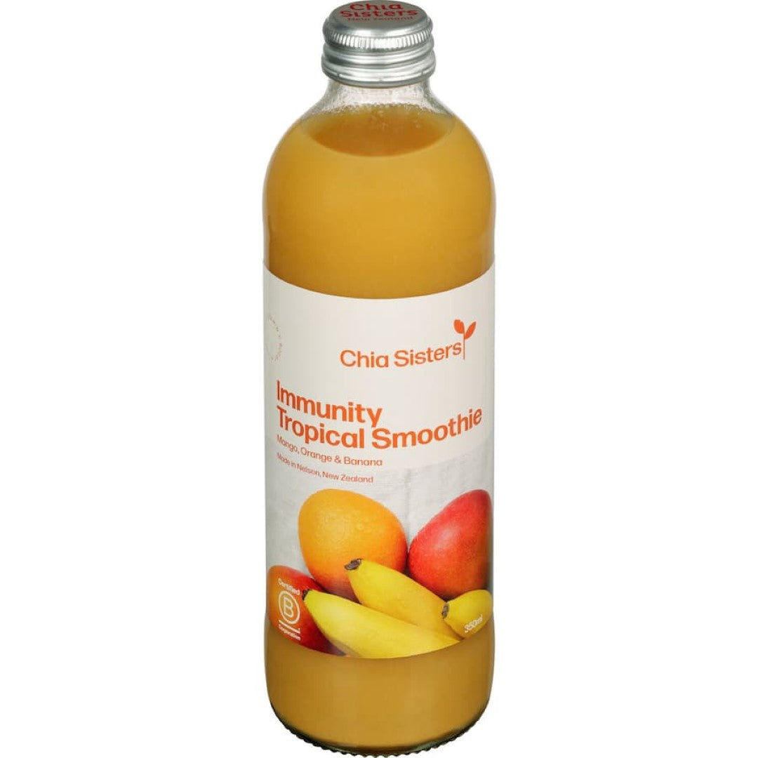 Tropical smoothie featuring mango, orange, banana, and passionfruit for natural immunity support and refreshing taste.