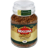 Moccona Espresso Style Instant Coffee jar showcasing 100g of robust, freeze-dried medium roast coffee for a rich flavor experience.