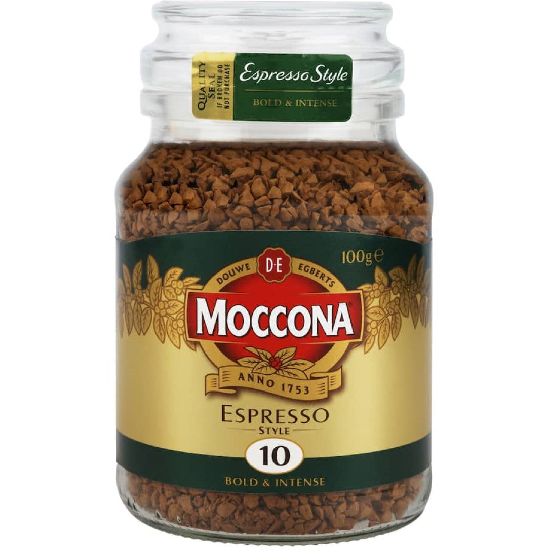 Moccona Espresso Style Instant Freeze Dried Coffee in a 100g glass jar, showcasing rich, robust flavor and sustainable design.