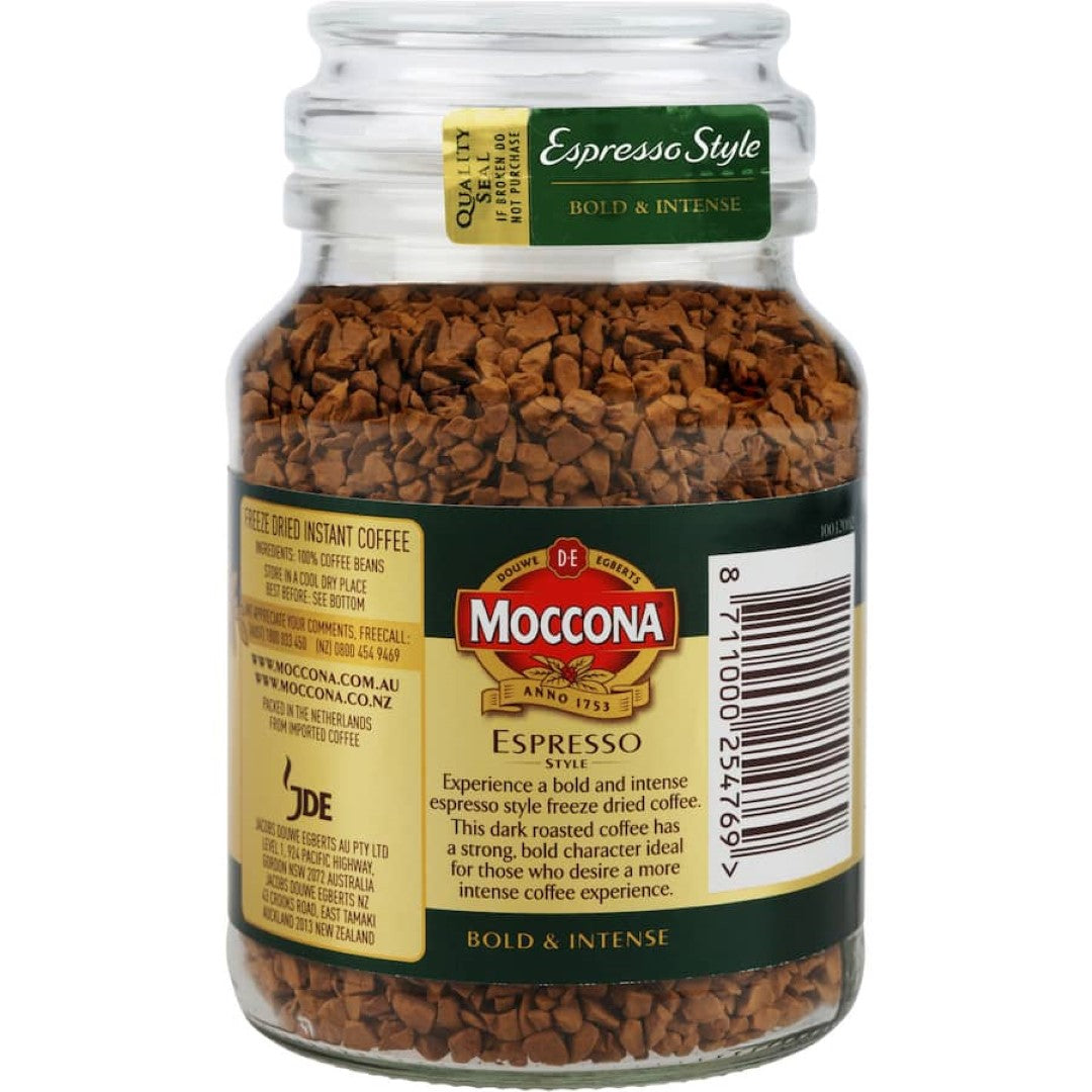 Moccona Espresso Style Instant Freeze Dried Coffee in a glass jar, featuring rich, bold flavor and intensity rating of 10.