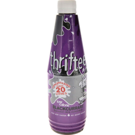 Thriftee Concentrate Blackcurrant Cordial, a low-joule, sugar-free drink mix yielding over 20 liters of fruity refreshment.