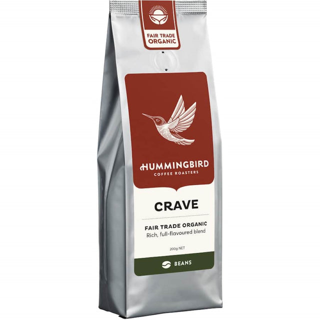 Hummingbird Fair Trade Organic Whole Beans Coffee Crave, medium roast with notes of buttered toast and citrus, 200g pack.