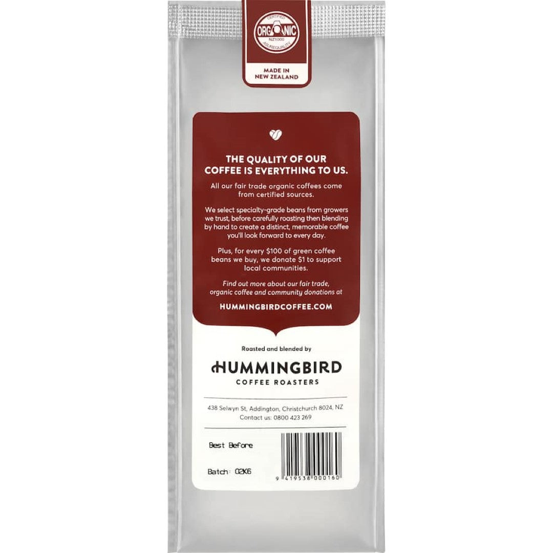 Hummingbird Fair Trade Organic Espresso Grind Coffee Crave, a medium roast with buttered toast and citrus notes, 200g pack.