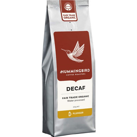 Decaf medium roast plunger grind coffee showcasing chocolate notes, ethically sourced, and freshly ground for flavorful enjoyment.