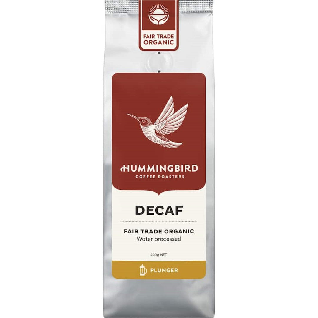 Hummingbird Fair Trade Organic Decaf Coffee, medium roast, rich flavor profile, sustainable sourcing, 200g pack.