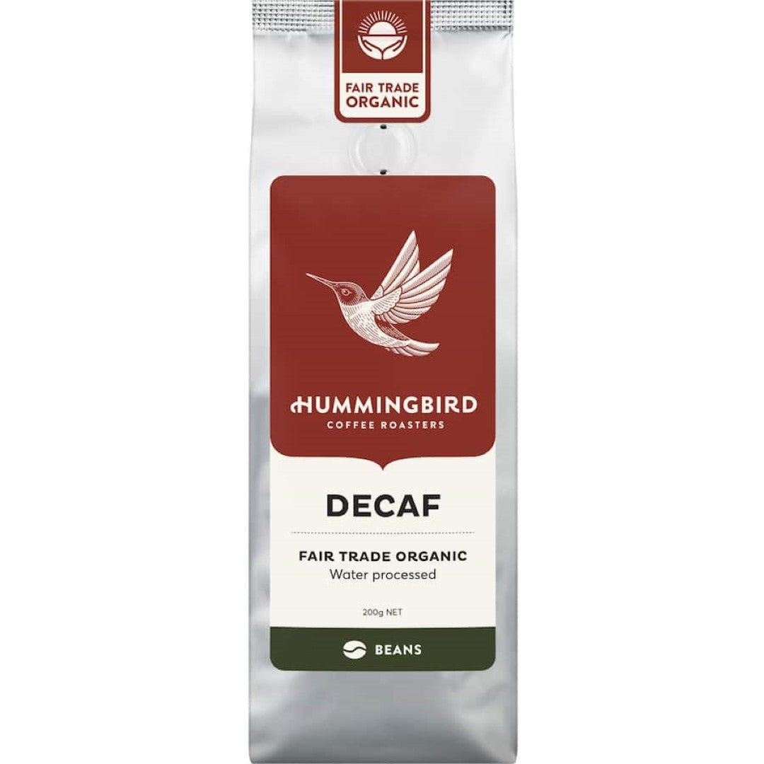 Hummingbird Fair Trade Organic Decaf Coffee Beans: 200g medium roast with rich flavor and ethical sourcing.