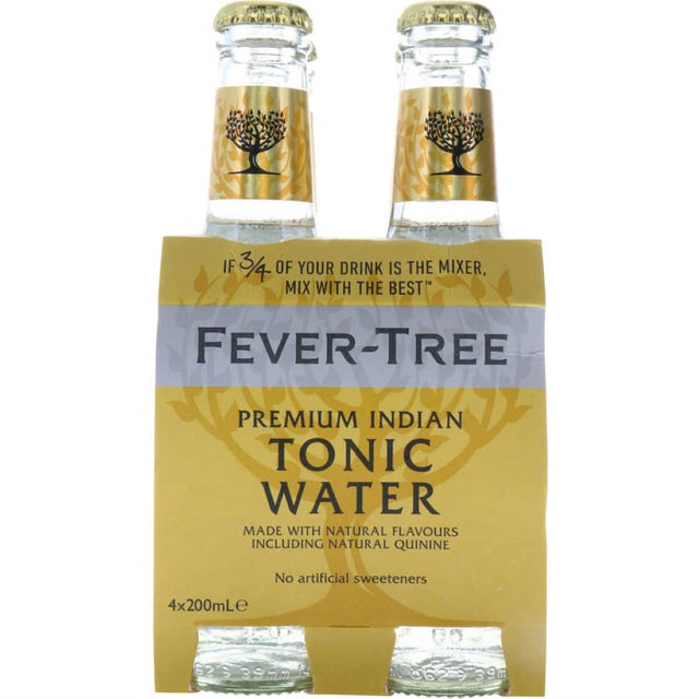 Fever Tree Premium Indian Tonic Water, crafted with spring water and botanicals, perfect for enhancing fine spirits.