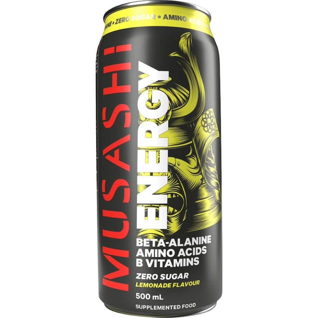 Musashi Energy Drink Lemonade Zero Sugar in a can, boasting a zesty lemonade flavor, vitamins, and no sugar for a healthy boost.