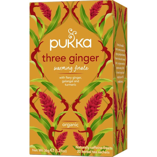 Pukka Herbal Tea Three Ginger: a comforting blend of ginger, galangal, turmeric, and licorice for digestive wellness.