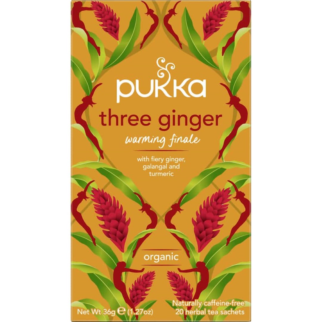 A warm cup of Pukka Herbal Tea Three Ginger, featuring ginger, galangal, turmeric, and sweet licorice for digestive comfort.