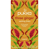 A warm cup of Pukka Herbal Tea Three Ginger, featuring ginger, galangal, turmeric, and sweet licorice for digestive comfort.