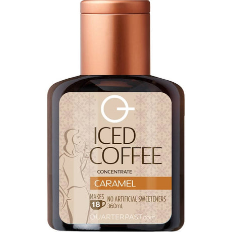 Bottle of Quarterpast Iced Coffee Caramel Concentrate, perfect for making rich iced coffee quickly and easily at home.