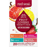 Vibrant assortment of Red Seal Fruit Tea bags, perfect for flavorful hot or iced brews, packed with fruity goodness.