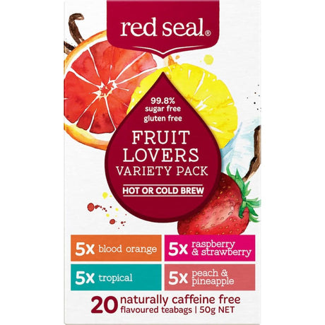 Vibrant assortment of Red Seal Fruit Tea bags, perfect for flavorful hot or iced brews, packed with fruity goodness.