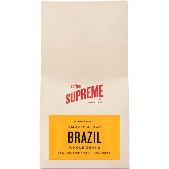 Freshly roasted Coffee Supreme Brazil Blend whole beans, offering rich caramel and chocolate flavors for a luxurious coffee experience.