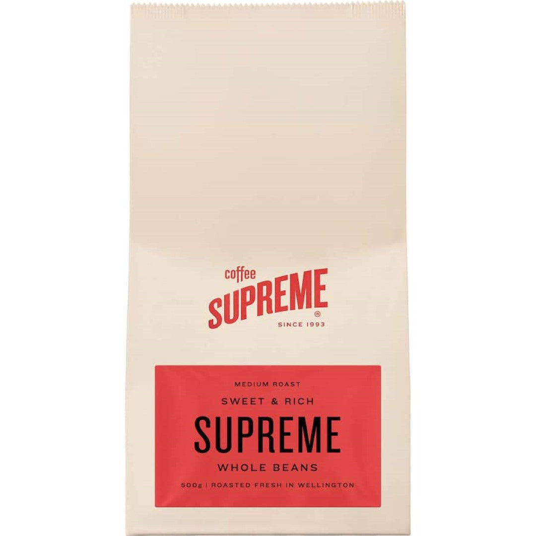 Freshly roasted Coffee Supreme Whole Beans, offering rich flavor and aroma for all brewing methods. Perfect for coffee lovers.