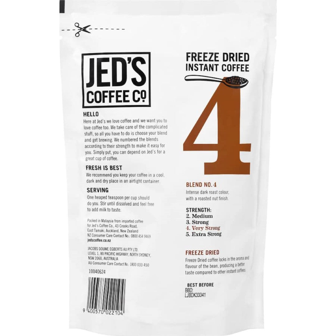 Jed's Instant Coffee #4 Very Strong Freeze Dried, 160g pouch, rich dark roast with roasted nut finish, ideal for coffee lovers.