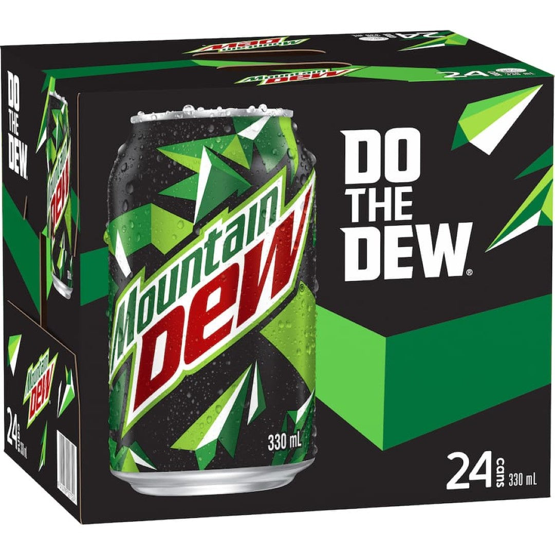 Vibrant Mountain Dew soft drink can, featuring citrus flavor and energizing caffeine for adventure-seekers.