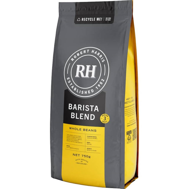 Richly aromatic Robert Harris Whole Beans Coffee Barista Blend, perfect for espresso and pour-over with chocolate and caramel hints.