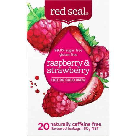 Red Seal Raspberry & Strawberry Fruit Tea infusion, 99.9% sugar-free, caffeine-free, eco-friendly teabag for hot or cold brewing.