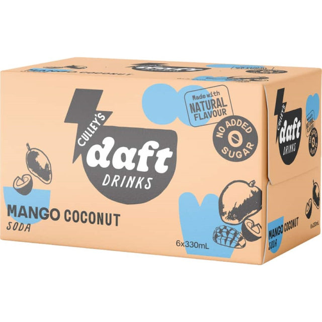 Culleys Daft Drinks Soda Mango and Coconut featuring tropical flavors of mango and coconut with zero sugar, made in New Zealand.