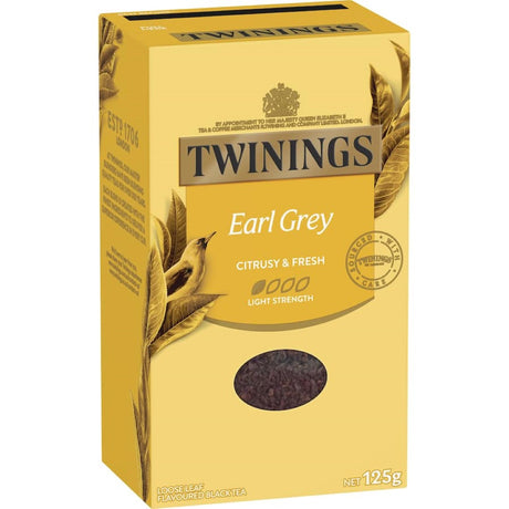 Twinings Earl Grey Tea Loose Leaf features a light black tea infused with aromatic bergamot for a refreshing citrus flavor.