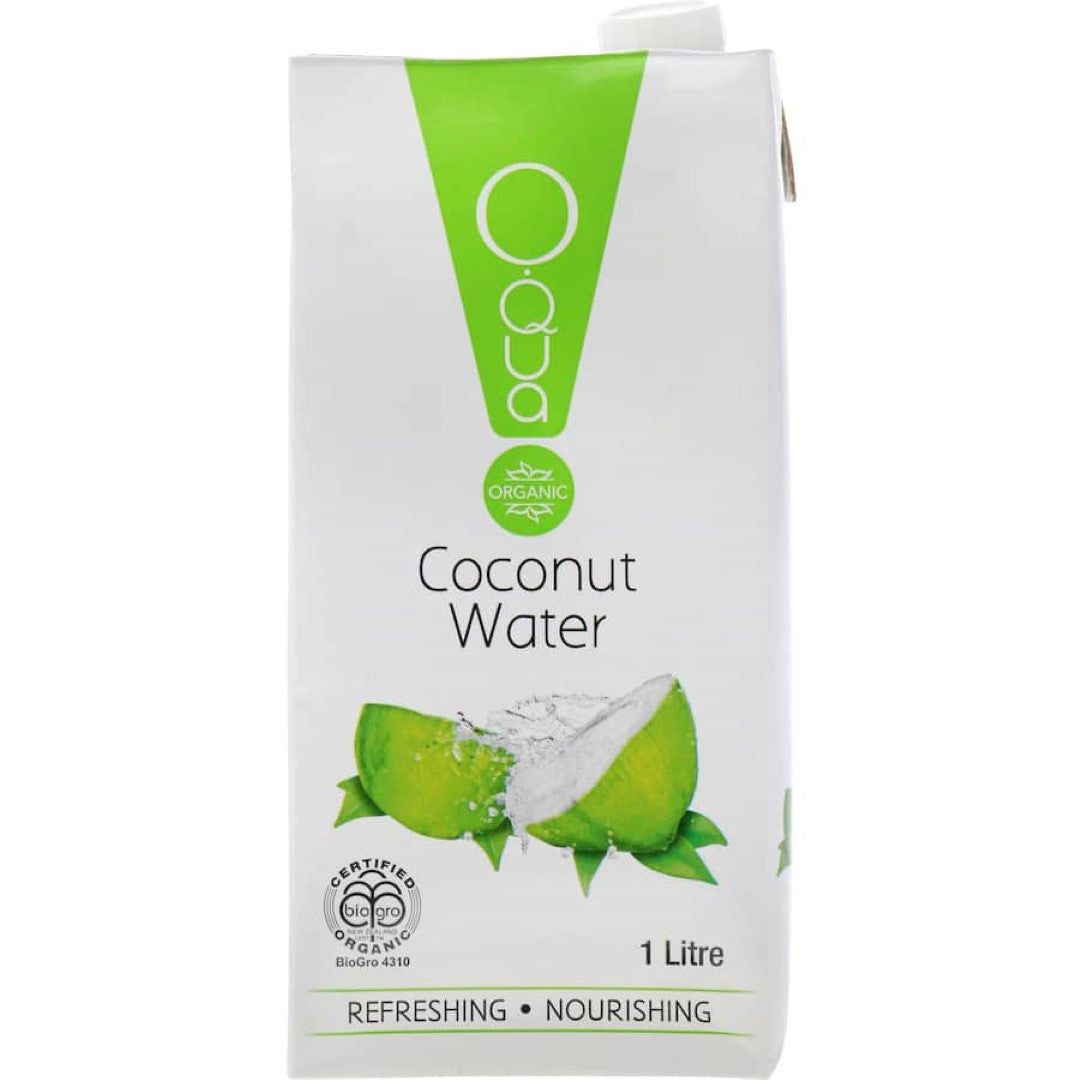 Refreshing Oqua Coconut Water from young green coconuts, packed with electrolytes and over 500mg potassium for optimal hydration.