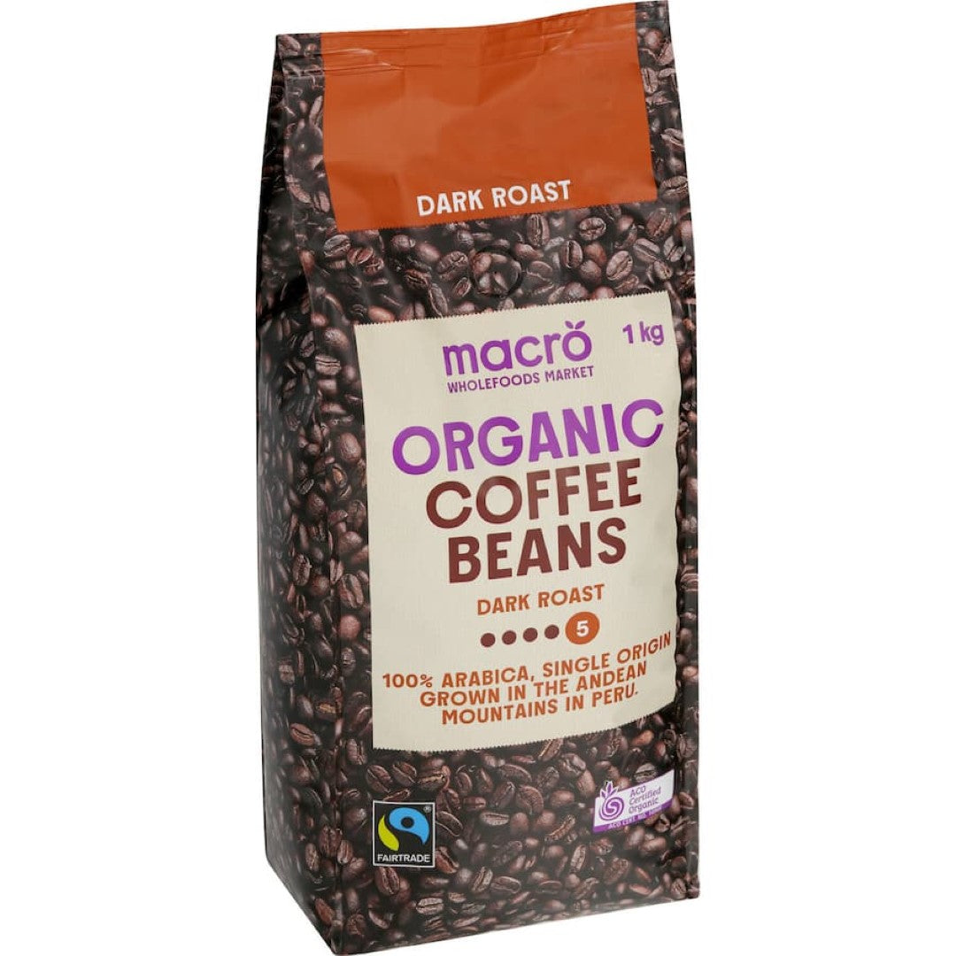 Macro Organic Coffee Beans Dark showcasing premium, Fair Trade coffee from Peru with rich dark chocolate and cinnamon notes.