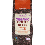 Macro Organic Coffee Beans Dark features smooth, sweet flavor with notes of chocolate and cinnamon, sourced from Peru's Andean mountains.