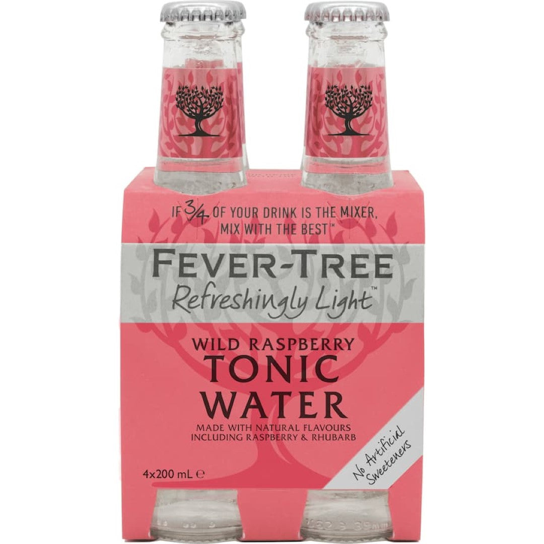 A 200ml bottle of Fever Tree Wild Raspberry Tonic featuring a vibrant raspberry and rhubarb blend, perfect for cocktails.