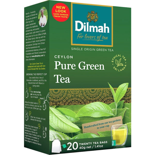 A box of 20 Dilmah Ceylon green tea bags, known for its bright flavor and antioxidant-rich profile.