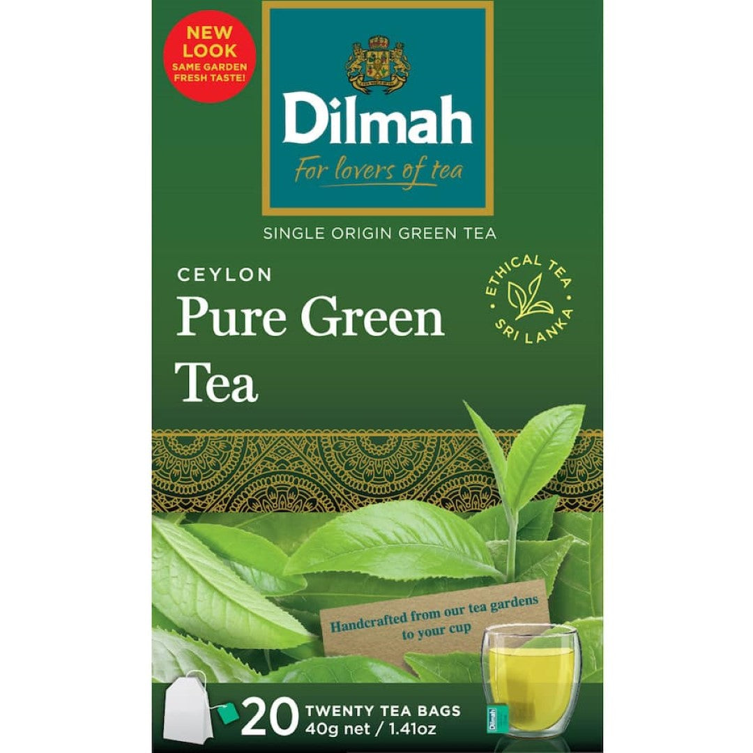 Dilmah Green Tea String and Tag: 20 premium Ceylon green tea bags, handpicked for exceptional flavor and freshness.