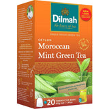 Dilmah Green Tea Moroccan Mint, featuring Ceylon green tea blended with invigorating peppermint and spearmint in 20 tea bags.