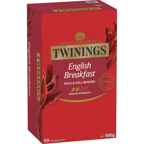 Twinings English Breakfast Tea bags, a rich multi-origin blend of Indian and African teas for a robust morning brew.