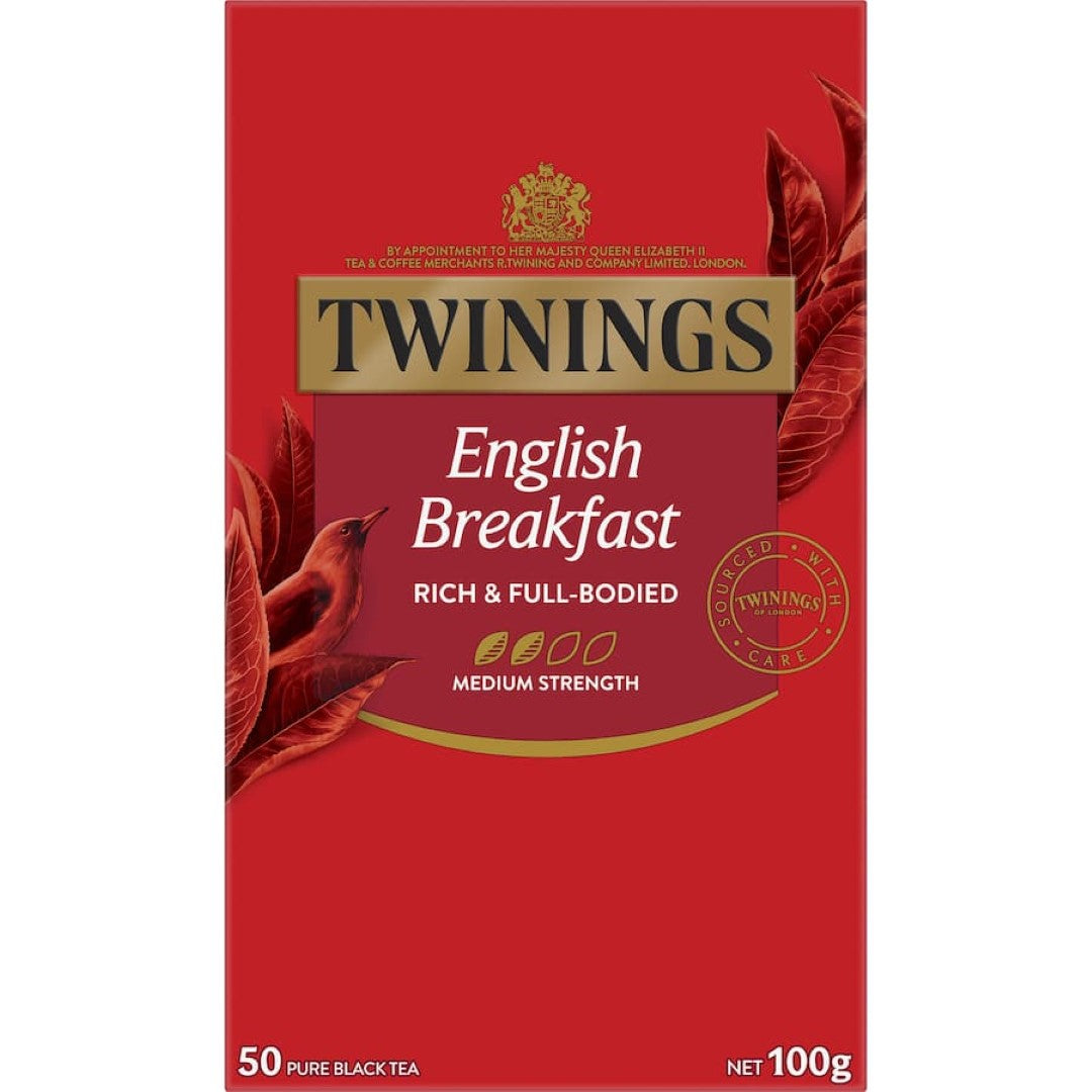 Twinings English Breakfast Tea has a rich, full-bodied flavor from a blend of Indian and African teas, perfect for morning rituals.