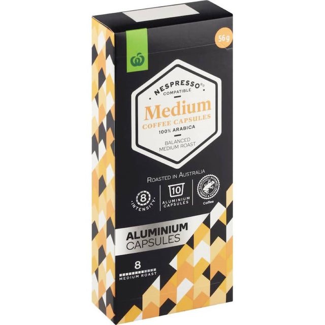 Woolworths Nespresso-compatible coffee capsules featuring medium roast for a smooth, aromatic brewing experience at home.